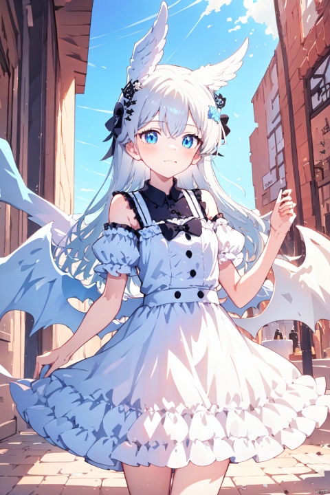  (wings:1.5),best quality, 1girl, animal ears, rabbit ears, solo, dress, blue eyes, long hair, mouth hold, grey hair, lolita fashion, looking at viewer, (\shen ming shao nv\), (\ji jian\), jiqing, maolilan