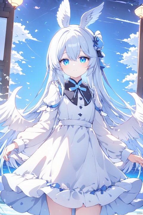  (wings:1.5),best quality, 1girl, animal ears, rabbit ears, solo, dress, blue eyes, long hair, mouth hold, grey hair, lolita fashion, looking at viewer, (\shen ming shao nv\), (\ji jian\), jiqing