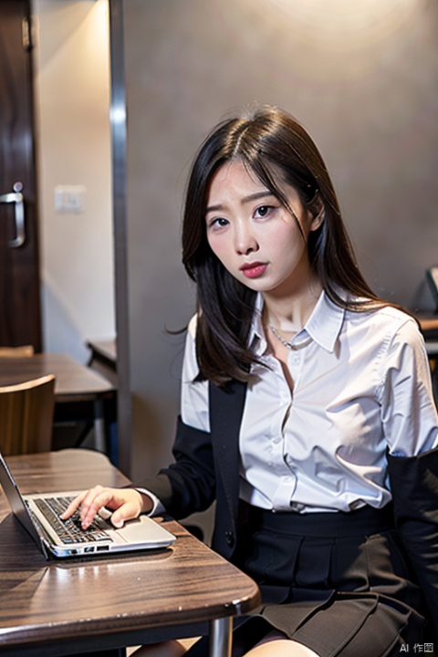 two girls,chinese, office lady ,black blazer,shirt,skirt ,middlescent,office desk,laptop,talking,coffee,