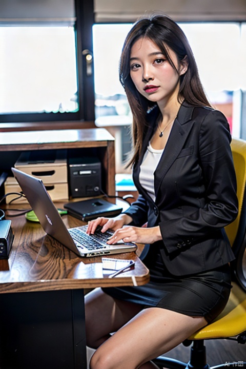 two girl,chinese, office lady ,black blazer,shirt,skirt ,middlescent,office desk,laptop,talking,coffee,