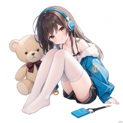  1girl, teddy bear, solo, thighhighs, long hair, stuffed animal, stuffed toy, headphones, short shorts, no shoes, brown eyes, striped, shorts, jacket, sitting, very long hair, long sleeves, bangs, camisole, closed mouth, looking at viewer, black shorts, white background, striped thighhighs, blush, smile, knees up, open jacket, blue jacket, open clothes, brown hair, collarbone, simple background, bare shoulders, off shoulder, scissors, full body,
