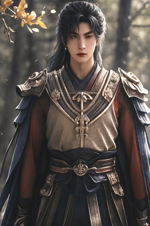  1boy 40years old dark blue chinese clothing,Background of ancient battlefields ray tracing ( full body：3）long red cloak holding a large long peerless good sword in hand