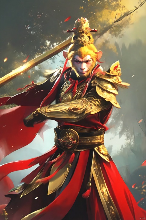  wukong,fighting_stance.wearing golden armor ,red cloak,chinese armor, Holding a golden cudgel in hand,