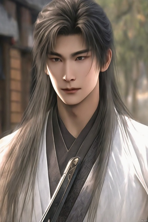  1boy 60years old long White beard Chineseclothing,Background of ancient battlefields ray tracing White long hair  holding a large long peerless good knife