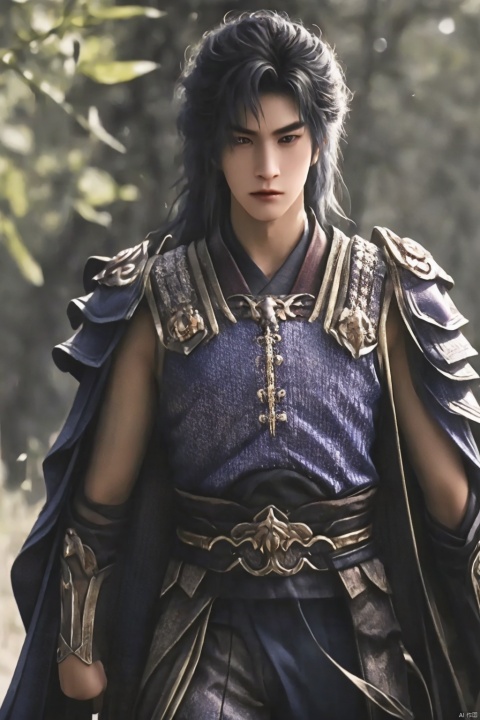  1boy 40years old dark blue chinese clothing,Background of ancient battlefields ray tracing long red cloak holding a large long peerless good sword in hand Purple curly hair