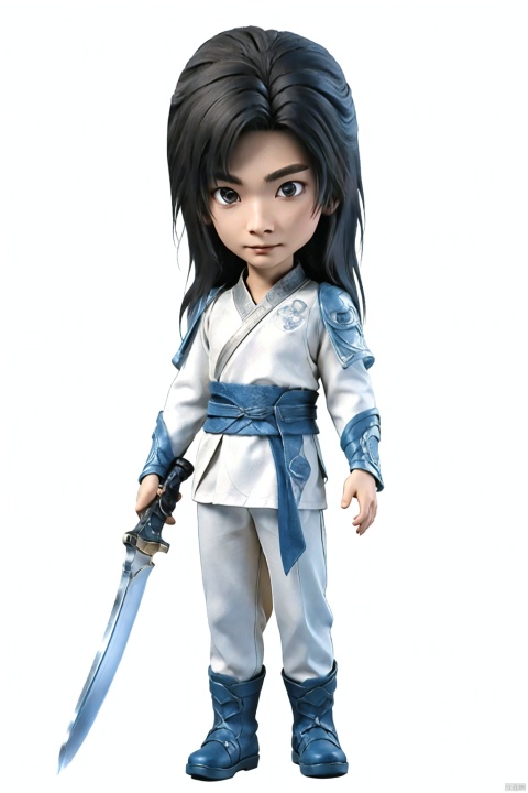  1boy 40years old white chinese clothing,Background of ancient battlefields ray tracing ( full body：3）long blue cloak holding a large long knife in hand