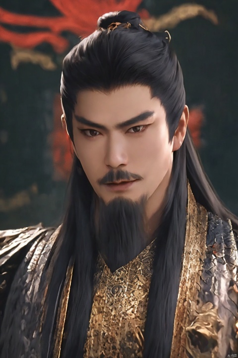  1boy 60years old long beard Chineseclothing,Background of ancient battlefields ray tracing black long hair