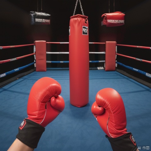 1girl, solo, gloves, long sleeves, shadow, red headwear, red gloves, red theme, ambiguous gender, boxing gloves