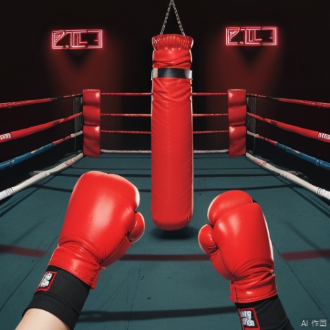1girl, solo, gloves, long sleeves, shadow, red headwear, red gloves, red theme, ambiguous gender, boxing gloves