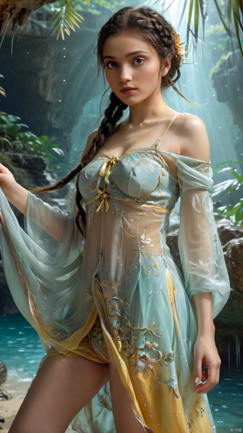  Picture a graceful woman in a vibrant red dress with golden embroidery, reminiscent of traditional Asian fashion. She stands in a magnificent cave, its interior lit by a constellation of bioluminescent speckles. The cave walls are a tapestry of dark, luscious blues and greens, shimmering with natural light. In her hand, she holds a large, ornate fan matching her dress, unfurled to reveal a detailed design that adds to her commanding presence. Her other hand is raised gently towards the sky, as if interacting with the mystical light around her. Her hair is styled up with braids and natural accessories, and her pose is one of empowerment and awe as she gazes upwards. The floor of the cave is mirrored by a still pool of water, reflecting the enchantment of the scene, best quality, ultra highres, original, extremely detailed, perfect lighting, ananmo, sideboob, bikini,bra, bodysuit,dress, white dress,panties, pantyhose,ribbon, yaya,yellow dress,yellow skirt, Marie Mamiya, bare shoulders,fishnets, hhfhb