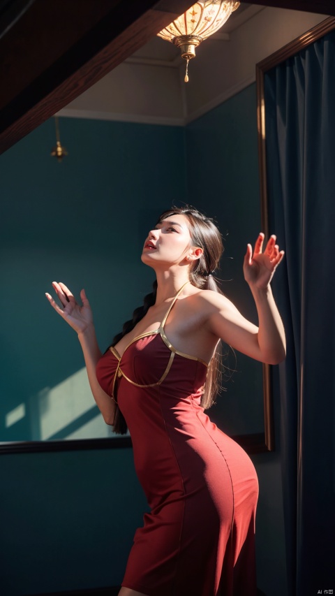 NSFW,Picture a graceful woman in a vibrant red dress with golden embroidery, reminiscent of traditional Asian fashion. She stands in a magnificent cave, its interior lit by a constellation of bioluminescent speckles. The cave walls are a tapestry of dark, luscious blues and greens, shimmering with natural light. In her hand, she holds a large, ornate fan matching her dress, unfurled to reveal a detailed design that adds to her commanding presence. Her other hand is raised gently towards the sky, as if interacting with the mystical light around her. Her hair is styled up with braids and natural accessories, and her pose is one of empowerment and awe as she gazes upwards. The floor of the cave is mirrored by a still pool of water, reflecting the enchantment of the scene, best quality, ultra highres, original, extremely detailed, perfect lighting, ananmo, sideboob, bikini