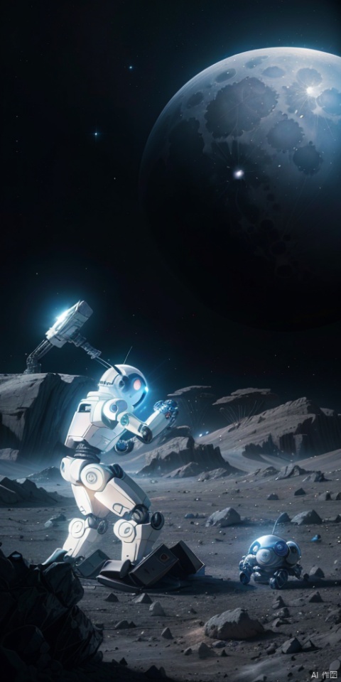 A cute white robot is mining in a space mine, with a cosmic background, a moon view from Earth, close-up shots, a sense of technology, super details, championship style, CG anime,