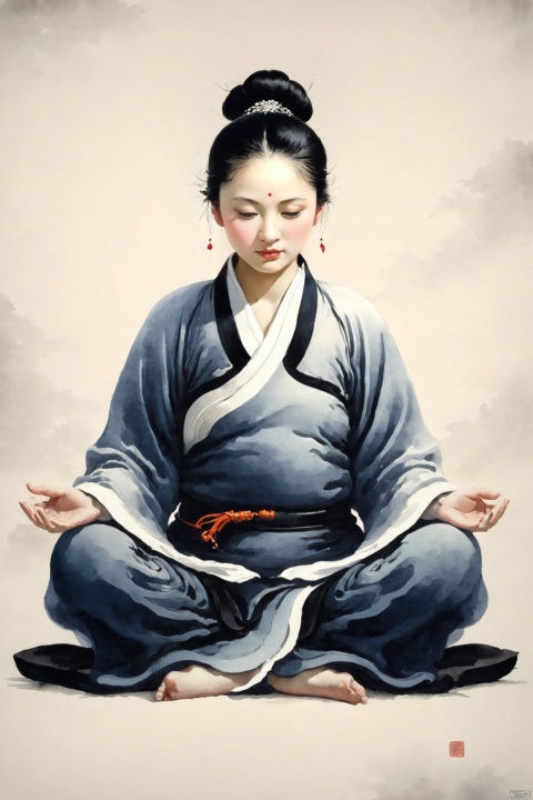  Chinese Ink Painting of a people in Chinese Dress, sitting cross-legged with hands folded and eyes closed, practitioner pose, front view, full body portrait, Zen, simple color scheme, traditional Chinese minimalism, high definition, rich in detail
