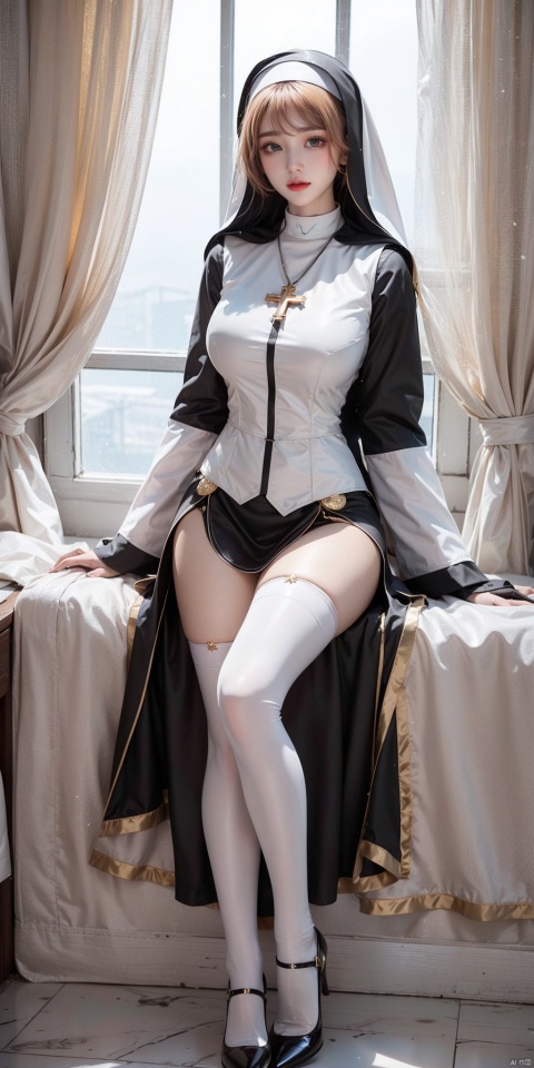  A girl. Golden hair. Black cloth headwear.A nun's uniform. Black headband. big boobs .Cross necklace.White stockings. Black red soled high heels. Clothing details. Details of stockings. Expose thighs.Oil shined thighs. Black and white nun uniform., jiqing