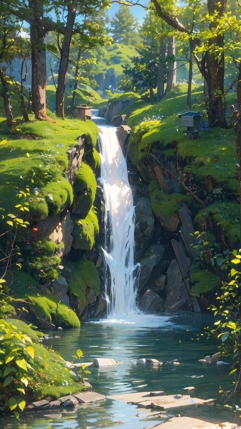  no humans, multaniography photo of the grand waterfall in oregon, bridge over water and lush greenery, professional photography, beautiful