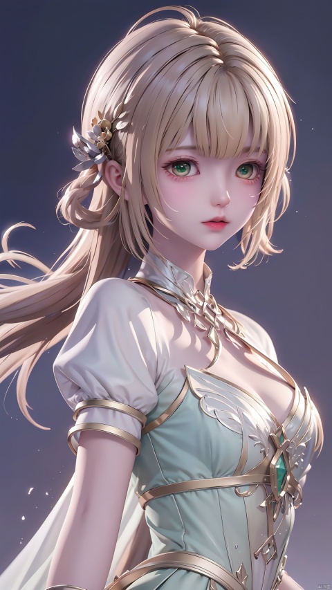  blunt bangs, masterpiece, best quality, best illustration, ultra-detailed, full body, solo, 1 girl, looking at viewer, upright, small breast,arms at sides, beautiful detailed eyes, concept art, simple background, white hair, green gradient hair, short sleeves, watercolor pencil, expressionless, blush, virtual youtuber, short hair