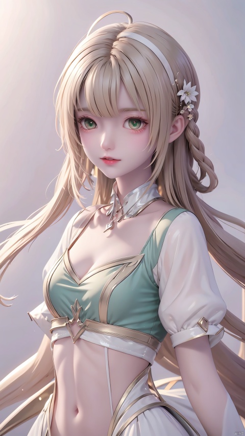  blunt bangs, masterpiece, best quality, best illustration, ultra-detailed, full body, solo, 1 girl, looking at viewer, upright, small breast,arms at sides, beautiful detailed eyes, concept art, simple background, white hair, green gradient hair, short sleeves, watercolor pencil, expressionless, blush, virtual youtuber, short hair