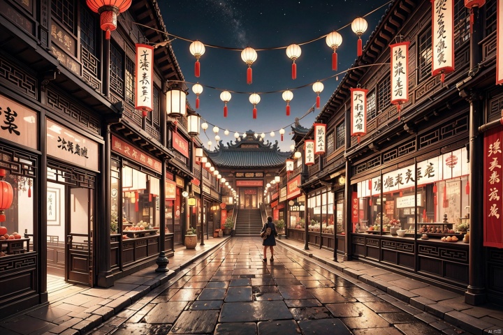 The Chinese style indoor commercial street has four floors, with a night view, a front view, and rich details, gufeng