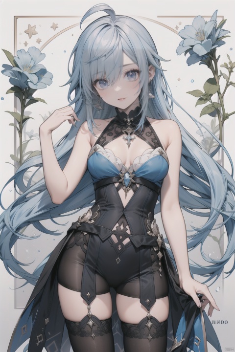 beauty,Vivid Colors,masterpiece,clear,blue haired,genshin impact,silk stockings,