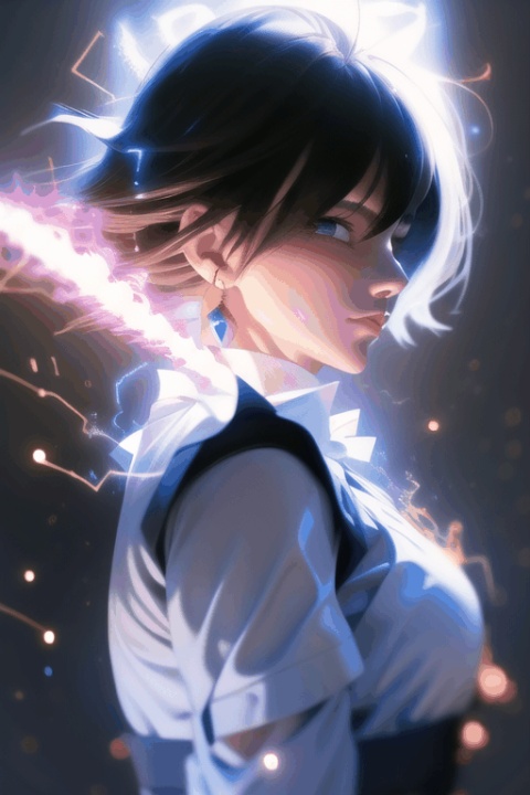  1girl,maid, Short hair, floating hair, perfect, Earrings,energy,glowing,diffractionspikes,ejaculation,electricity,magic,tarrysky