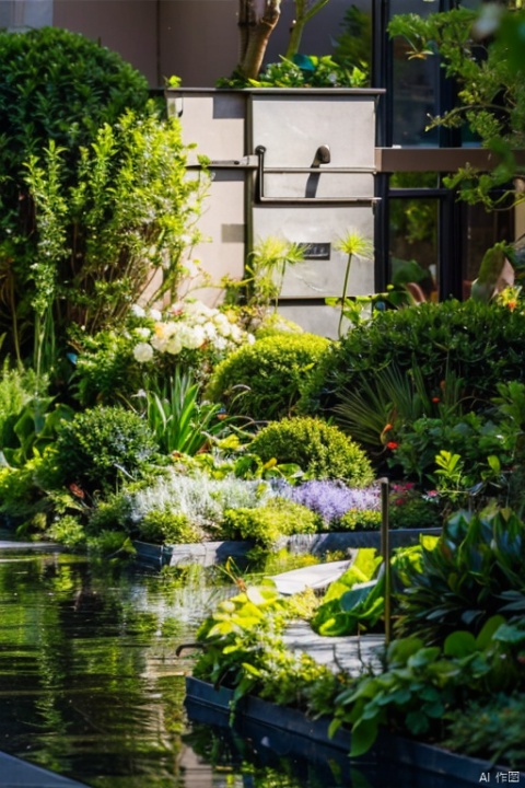 masterpiece,best quality,modern villa courtyard landscape design,luxuriant plant,freshflower,