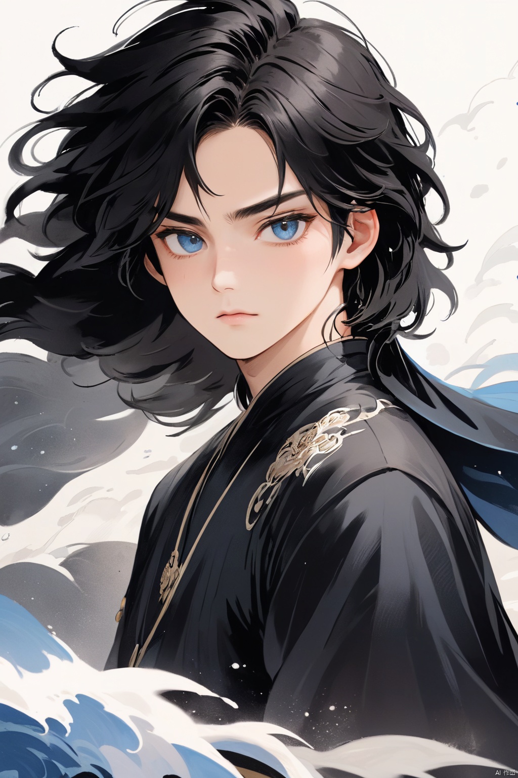  sdmai, wuxia, gorgeous eyes, wearing black robes, cinematic grandeur, splashing details, wild and powerful, solo, black hair, long hair, male focus, white background, looking at viewer, 1boy, asuo, bianpingshouhui