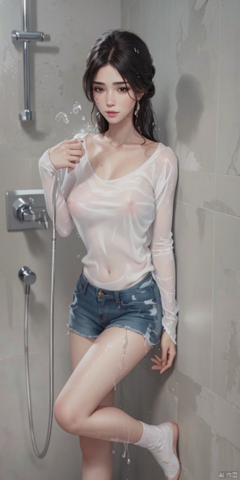 1 girl, 8K, best quality, masterpiece, highly detailed, photo realistic, ultra high definition, maximum rendering, best masterpiece, very beautiful face, correct hands, high resolution, very detailed, ultra high definition, exquisite facial feature portrayal, detailed facial description, arm behind the head, (pink nipples, pink vagina, perfect figure, fair skin, collarbone, nude, wet whole body),