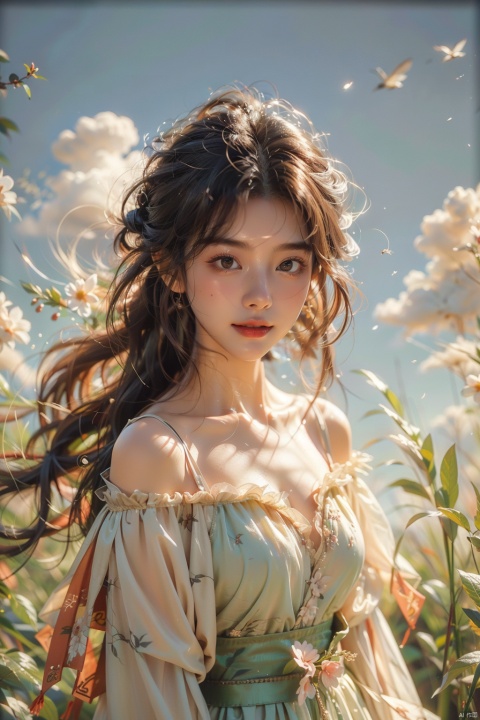  best quality, masterpiece,cowboy_shot,(Good structure),,a girl,xianjing,Off-the-shoulder, bust photo,upper body,Hanfu, Cloud, Smoke,branch,flower, smile,Gaze at the audience, Ink scattering_Chinese style, ((poakl)), ,looking_at_viewer,kind smile, , chinese dress,white dress, liuyifei,long_hair, jiqing, babata, qingyi, (\shen ming shao nv\), (\MBTI\), (\ji jian\)