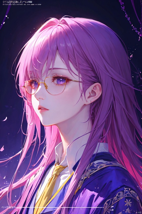 a woman in a purple suit, wear a tie, wearing gold-rimmed glasses, long purple hair, a thoughtfui expression, beautiful anime portrait, palace , digital anime illustration, beautiful anime style, a beautiful fantasy scientist, anime illustration, anime fantasy illustration, beautiful character painting, trending on artstration,（\personality\）