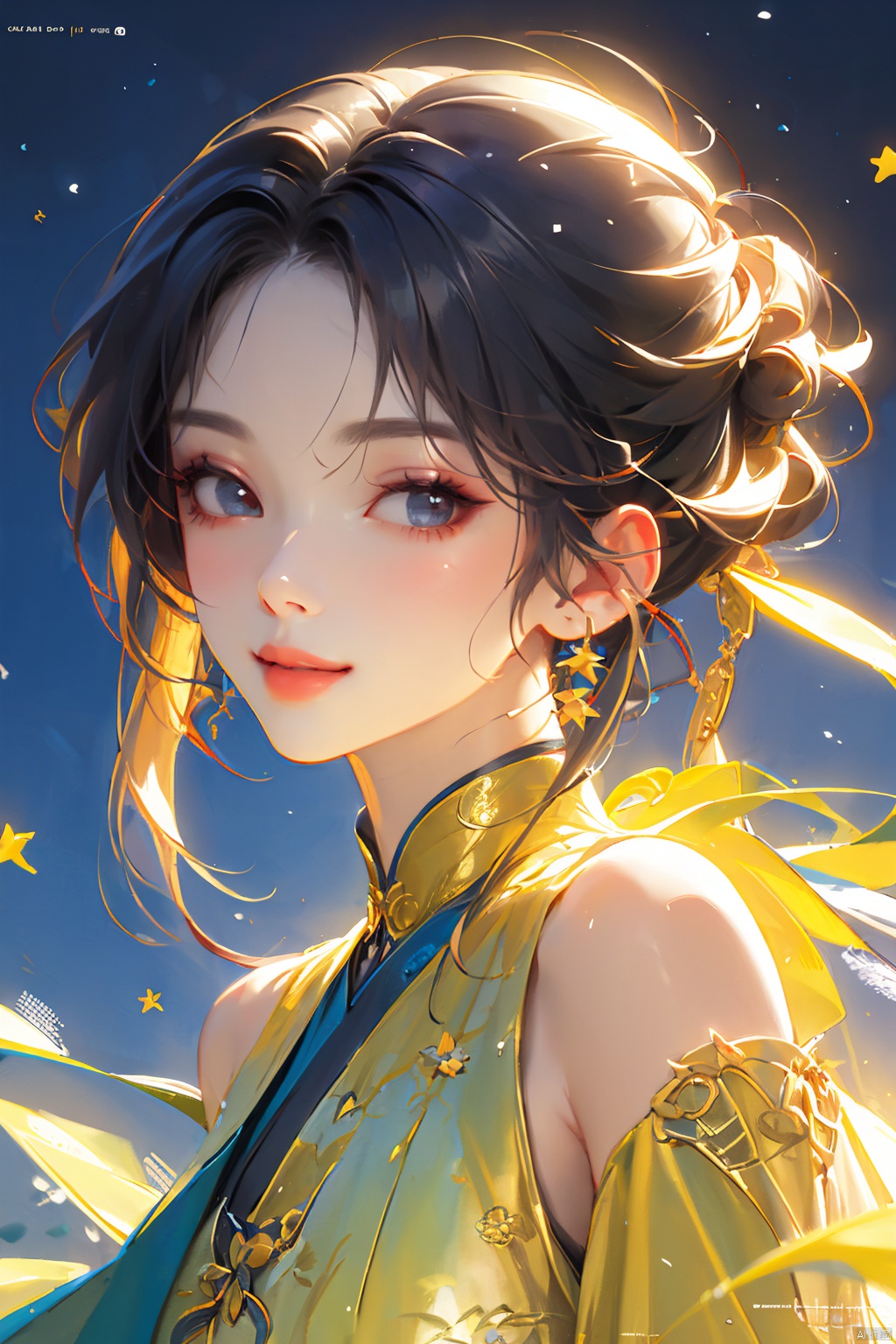  a woman in a yellow dress, off-shoulder dress, short black hair, hair shawl, earring, fluffy hair, star photo, brilliant smile, lips slightly open, beautiful anime portrait, fashion stage, digital anime illustration, beautiful anime style, a beautiful fantasy star, anime illustration, anime fantasy illustration, beautiful character painting, trending on artstration,（\personality\）, mtianmei, (/qingning/), babata