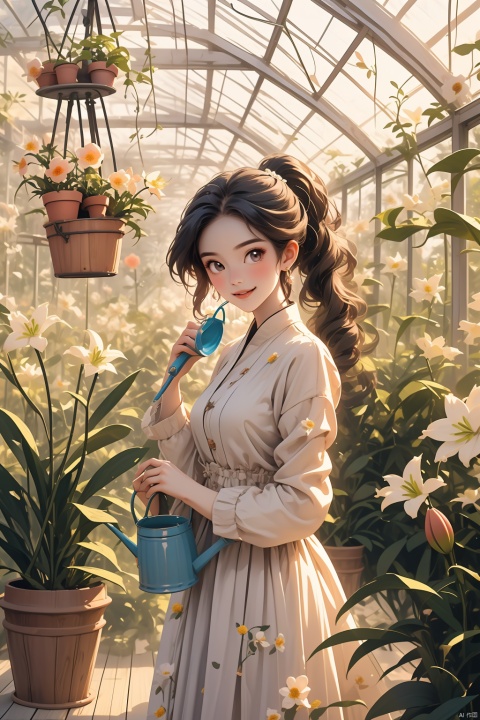  masterpiece, panorama,1 girl, solo_focus, long curly hair, double ponytail, smile, perfect body, delicate dress, long sleeves, hair ornament, with a watering can in her hands,the girl is watering the flowers, a delicate greenhouse, glass roof, wood floors, deep of field, wooden shelves covered with potted plants, colorful flowers,lily of the valley, rose, daisy, lily,lavender, spring, flowers, backlight, mLD, Glass flower room, nai3, (\ji jian\), (/qingning/), (\MBTI\), maolilan, babata