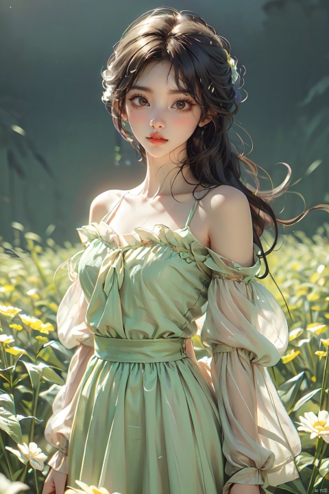  Enhanced, masterpiece, 16K, girl, Solo, Flower Field, rape flower, (/qingning/), (\MBTI\), babata