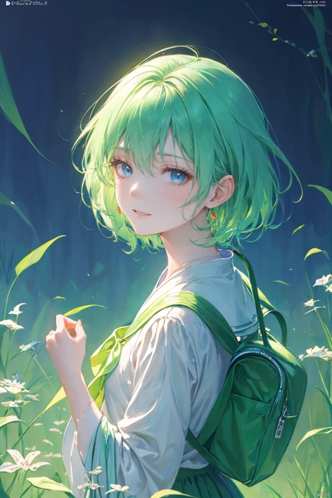 a woman in a green skirt, short hair, light green hair, earring, fluffy hair, black tie, smile, lovely fave, beautiful anime portrait, palace, carrying a schoolbag, digital anime illustration, beautiful anime style, a beautiful fantasy young girl, anime illustration, anime fantasy illustration, beautiful character painting, trending on artstration,（\personality\）, babata