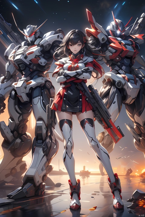  a female video game character poses next to some giant robot enemies holding guns 1 girl, solo, red eyes, black hair, thighhighs, crossed arms, mecha musume, looking at viewer, weapon, (\MBTI\), (/qingning/), myinv, jiqing, mpaidui