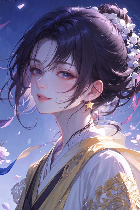 a woman in a yellow dress, off-shoulder dress, short black hair, hair shawl, earring, fluffy hair, star photo, brilliant smile, lips slightly open, beautiful anime portrait, fashion stage, digital anime illustration, beautiful anime style, a beautiful fantasy star, anime illustration, anime fantasy illustration, beautiful character painting, trending on artstration,（\personality\）, jiqing, (\yan yu\)