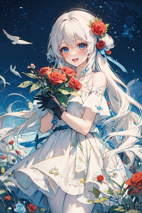  1girl, long hair, solo, gloves, dress, smile, flower, bird, holding, red flower, open mouth, very long hair, white dress, bangs, blush, white hair, looking at viewer, :d, pantyhose, bare shoulders, rose, blue eyes, white pantyhose, red rose, holding flower, off-shoulder dress, star \(sky\), starry sky, off shoulder, sky, hair between eyes, black gloves