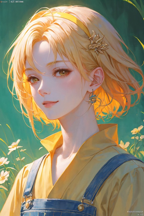 a woman in a yellow overalls, short yellow hair, wearing a hairband, yellow hairband, earring, fluffy hair, smile, lips slightly open, beautiful anime portrait, digital anime illustration, beautiful anime style, a beautiful fantasy painter, anime illustration, anime fantasy illustration, beautiful character painting, trending on artstration,（\personality\）