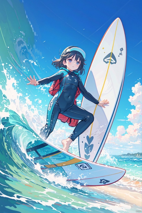  masterpiece, best quality, official art, extremely detailed CG unity 8k wallpaper, day, sun, girl, solo, competition swimsuit, ocean, (surf riding, surfing, realism:1.2), (\po lang\), (\MBTI\), (\lang lang\)
