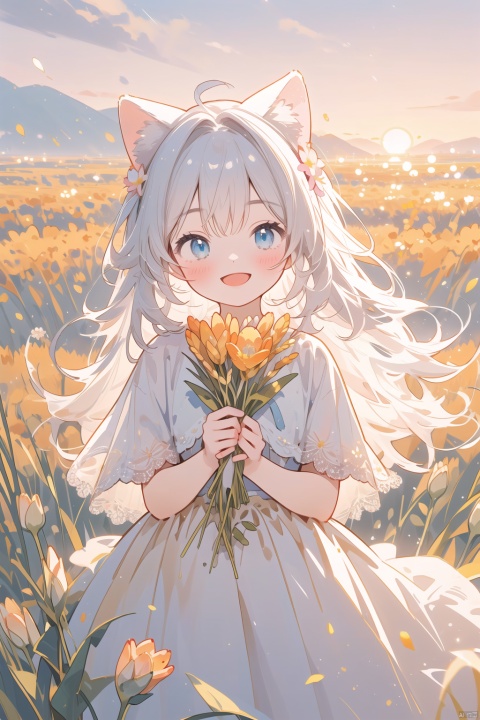  (drawn by Lynn Okamoto),center frame, sharp focus, (panorama, wide shot), best quality, masterpiece, extremely detailed, detailed background, (from above:1.2), 1girl, catgirl,solo,loli,blue eyes,white hair, closed one eye, smile, open mouth, skirt, long hair, wavy hair, on side, fluffy hair, , french , blush, smile, capelet, lace trim, bodice, sunset, long dress, dusk, scenery, gold sky, high place, horizon, wheat field, wheat ears, wind, wind blow, looking at viewer, (depth of field), bokeh, (holding a flower:1.3), (holding:1.2),(medium):0.5,
, (\meng ze\), jiqing, babata, (\MBTI\), (\ji jian\), (\shuang hua\)