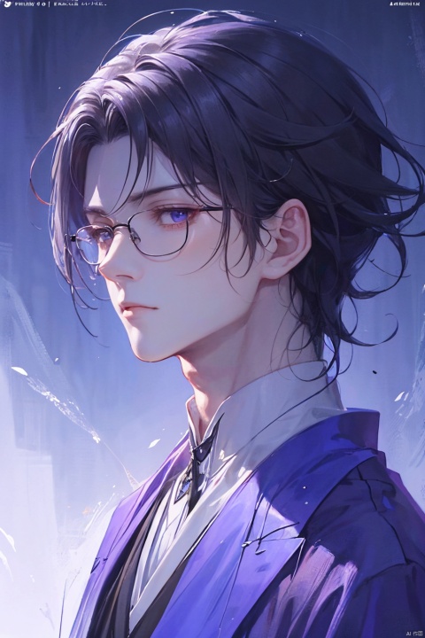 solo, a man in a purple suit, wearing black-rimmed glasses, very short hair, handsome anime portrait, thinking expression, confident and steady, palace , digital anime illustration, beautiful anime style, a handsome fantasy scientist, anime illustration, anime fantasy illustration, handsome character painting, trending on artstration,（\personality\）, babata, (\yan yu\)