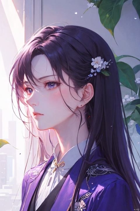 a woman in business attire, career women, business wear, purple suit, with neat hair, very long black hair, fluffy hair, serious expression, mature face, women who are elegant and a little bit indifferent, successful person, anime portrait, office, digital anime illustration, beautiful anime style, a beautiful fantasy female chairman, anime illustration, anime fantasy illustration, character painting, trending on artstration,（\personality\）, (/qingning/), (\MBTI\), (\yan yu\), jiqing