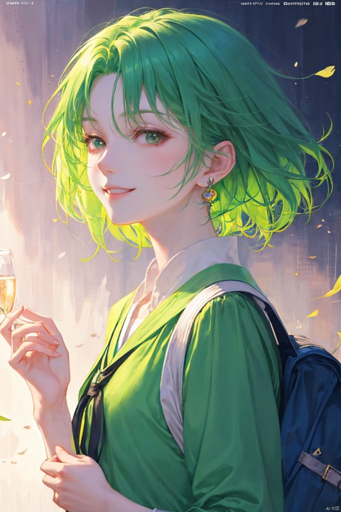a woman in a green skirt, short hair, light green hair, earring, fluffy hair, black tie, smile, lovely fave, beautiful anime portrait, palace, carrying a schoolbag, digital anime illustration, beautiful anime style, a beautiful fantasy young girl, anime illustration, anime fantasy illustration, beautiful character painting, trending on artstration,（\personality\）, (/qingning/), (\MBTI\)