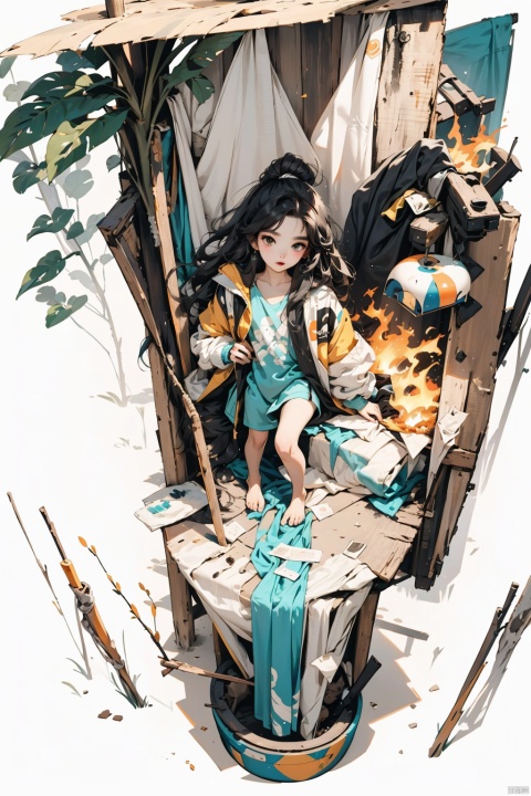  loli,chibi, nai3, long hair, solo,black hair, naked legs,,bared feet,no pants, jacket,, looking at viewer, outdoors,open clothes, full body, transparent jacket, sky,coconut trees,day, open jacket, parted lips, seaside,camping,bonfire,from above, (/qingning/), (\MBTI\), (\ji jian\)