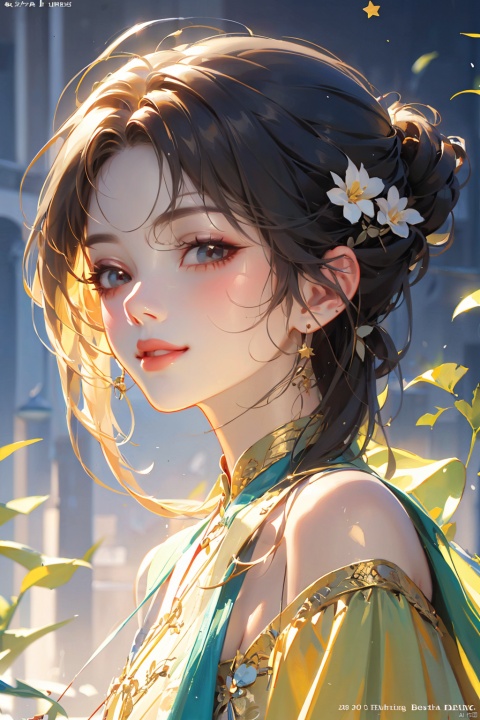 a woman in a yellow dress, off-shoulder dress, short black hair, hair shawl, earring, fluffy hair, star photo, brilliant smile, lips slightly open, beautiful anime portrait, fashion stage, digital anime illustration, beautiful anime style, a beautiful fantasy star, anime illustration, anime fantasy illustration, beautiful character painting, trending on artstration,（\personality\）, mtianmei, (/qingning/), babata