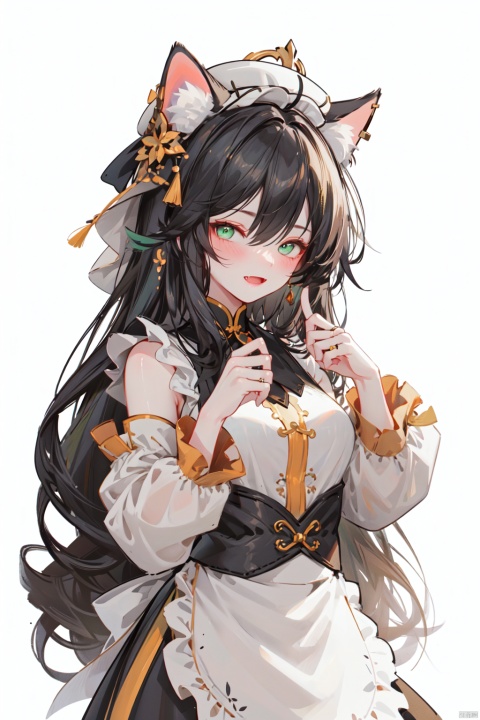  1girl, solo, animal ears, smile, simple background, white background, green eyes, animal ear fluff, white apron, :d, bow, long sleeves, hat, dress, apron, long hair, black headwear, black dress, hand up, blush, hair ornament, very long hair, fang, looking at viewer, bangs, hair bow, frills, frilled apron, black bow, puffy sleeves, waist apron, beret, hair intakes, detached sleeves, cat hair ornament, hair between eyes, jewelry, breasts, ring, open mouth, (\MBTI\), (\ji jian\), (\meng ze\), (\shuang hua\), (\xing he\), (\fan hua\)