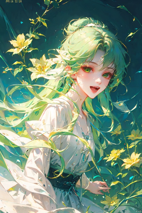 (best quality),(masterpiece),1girl, flower,white dress, solo, green hair, long hair, smile, open mouth, looking at viewer, bangs, yellow flower, green eyes,
, (/qingning/), (\MBTI\), (\ji jian\), babata, （\personality\）