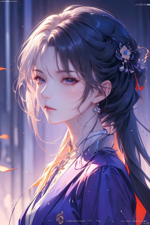a woman in business attire, career women, business wear, purple suit, with neat hair, very long black hair, fluffy hair, serious expression, mature face, women who are elegant and a little bit indifferent, successful person, anime portrait, office, digital anime illustration, beautiful anime style, a beautiful fantasy female chairman, anime illustration, anime fantasy illustration, character painting, trending on artstration,（\personality\）, (/qingning/), (\MBTI\), babata