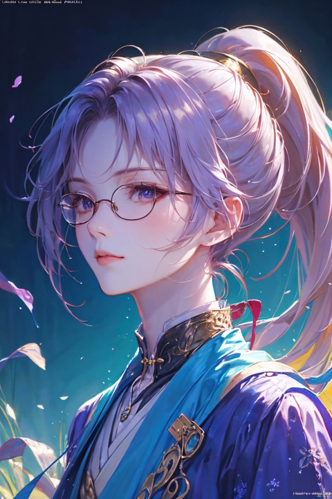 a woman in a purple dress, wearing gold-rimmed glasses, with a high ponytail, beautiful anime portrait, palace , digital anime illustration, beautiful anime style, a beautiful fantasy scientist, anime illustration, anime fantasy illustration, beautiful character painting, trending on artstration,（\personality\）, (/qingning/), (\MBTI\), babata