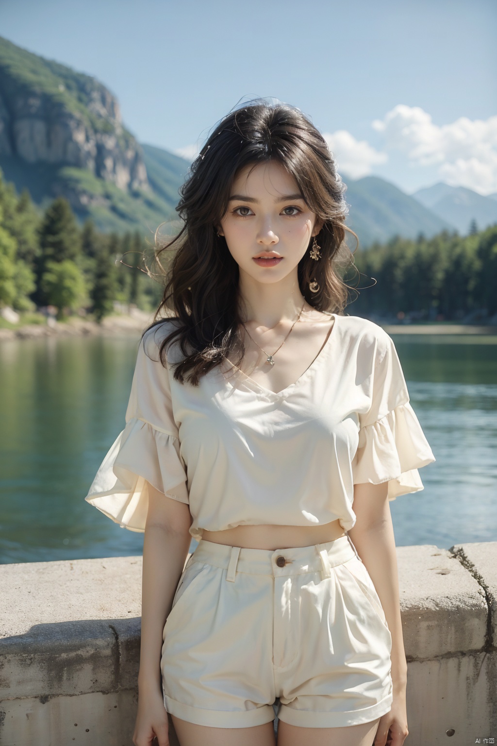 (Best quality, High resolution, Masterpiece :1.3), A pretty woman with slim figure, Breasts, (Dark brown layered haircut), Wearing pendant, T-shirt, White shorts, Outdoor, Great view, Lake and mountains in distant background, Details exquisitely rendered in the face and skin texture, Detailed eyes, Double eyelid, (/qingning/), jiqing, babata, mtianmei, (\MBTI\)