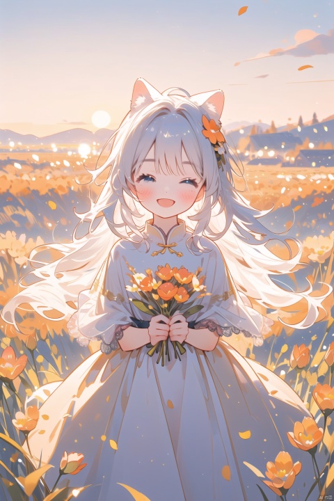  (drawn by Lynn Okamoto),center frame, sharp focus, (panorama, wide shot), best quality, masterpiece, extremely detailed, detailed background, (from above:1.2), 1girl, catgirl,solo,loli,blue eyes,white hair, closed one eye, smile, open mouth, skirt, long hair, wavy hair, on side, fluffy hair, , french , blush, smile, capelet, lace trim, bodice, sunset, long dress, dusk, scenery, gold sky, high place, horizon, wheat field, wheat ears, wind, wind blow, looking at viewer, (depth of field), bokeh, (holding a flower:1.3), (holding:1.2),(medium):0.5,
, (\meng ze\), jiqing, babata, (\MBTI\), (\ji jian\), (\shuang hua\), (\xing he\)
